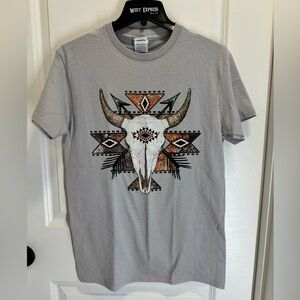 Gray Graphic T-Shirt with Aztec Bull Skull design